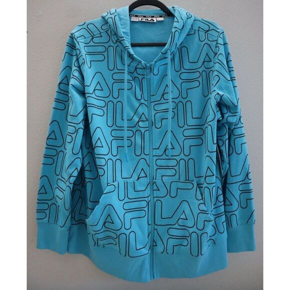 Fila SX211151 Women's Sz 1X Curacao Blue/Black Printed Full Zip Hooded Jacket - Picture 1 of 13